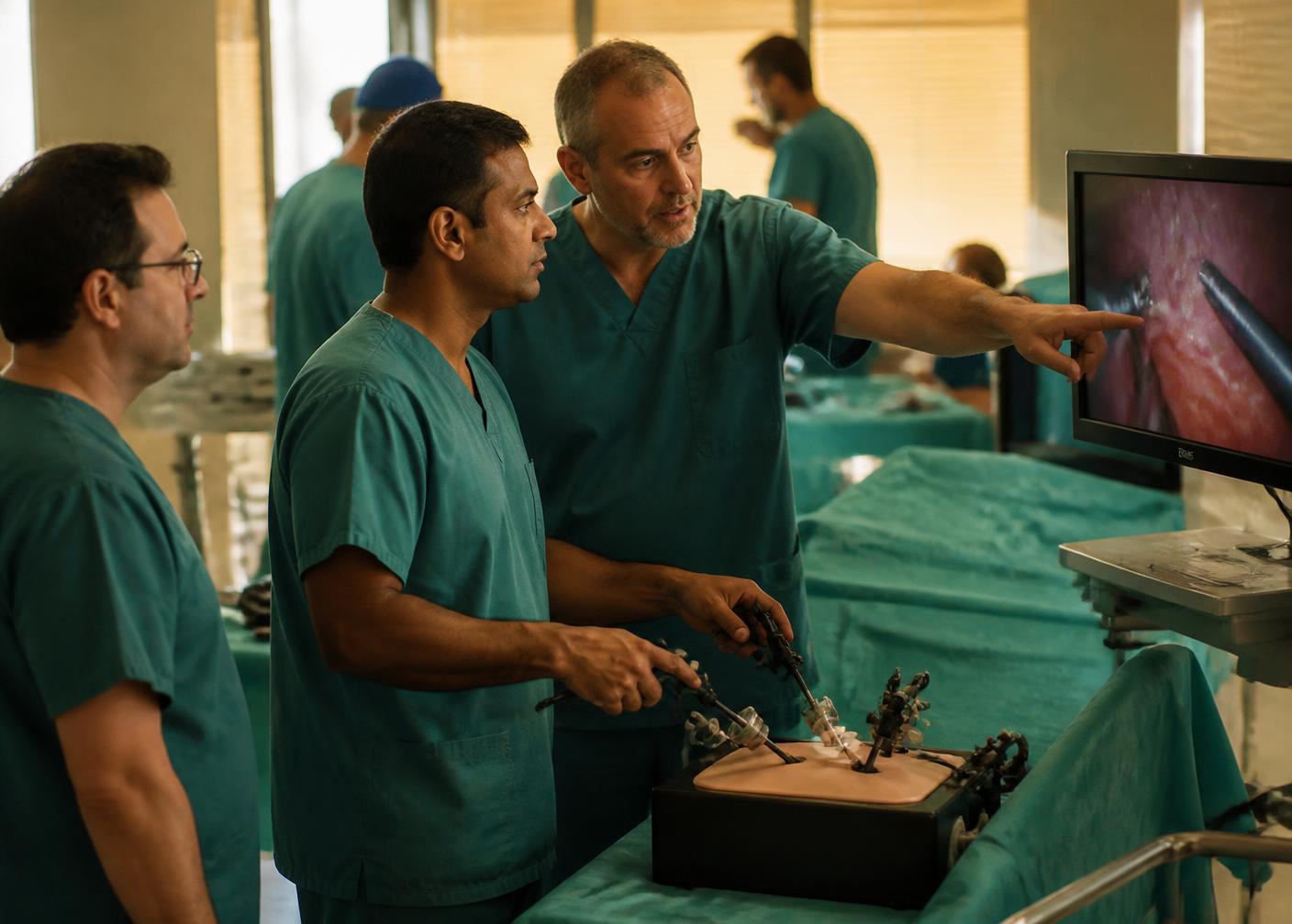 Urologists guiding a colleague through a laparoscopic training workshop